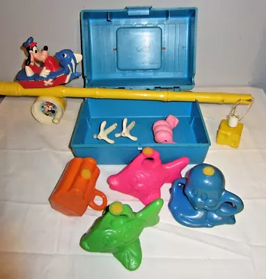 Vtg Rare Mattel Disney Fishing Pole & Tackle Box W/ Worm Goofy Toy Plastic • $59