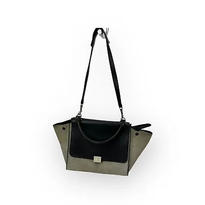 CELINE Made In Italy Black Leather Gray Pony Hair Trapeze Handbag • $300