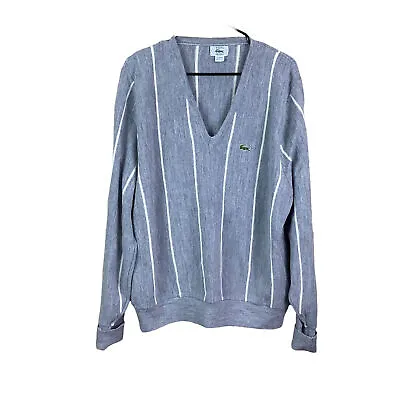 Vintage Izod Lacoste Mens Pullover Sweater Size Large Gray Stripe V Neck Preppy  • $89.99