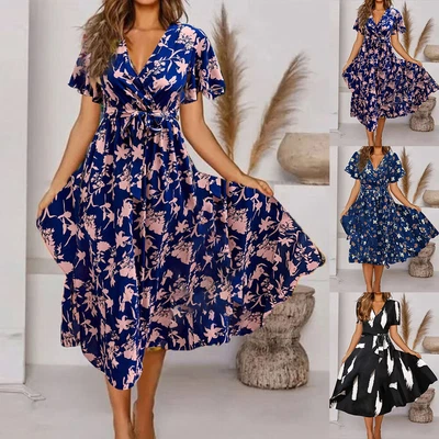 $27.09 • Buy Womens 6-16 Floral Boho V Neck Midi Dress Summer Beach Holiday Party Sundress AU