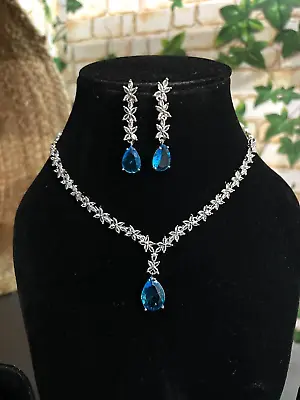 Bollywood Designer Indian Silver Plated AD CZ Necklace Jhumka Tika Set • $17.59