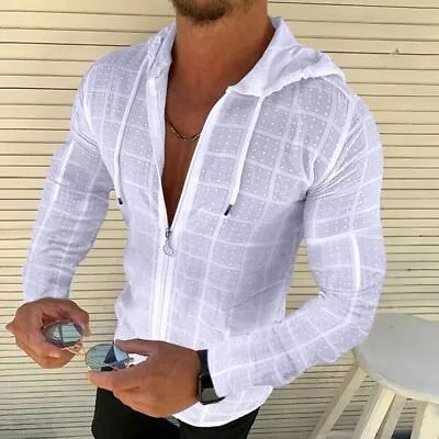 Mens Hooded Cotton Linen Shirt Long Sleeve Loose Blouse Button Down Shirts-Tops • $17.64