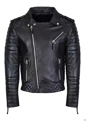 New Leather Jacket Mens Biker Motorcycle Real Leather Coat Slim Fit Black #1056 • $118