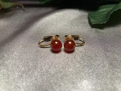 Dainty Vintage Pair 12K Gold Filled Natural Carnelian Stone Clip Earrings • $14.99