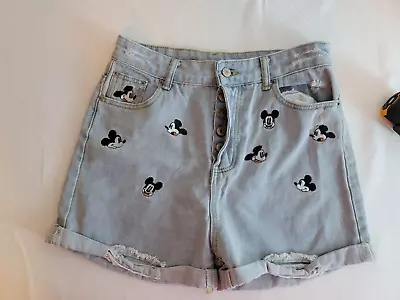 Mickey Mouse Womens XL Distressed Cuffed Head Print Button Fly Demin Shorts • $26.99