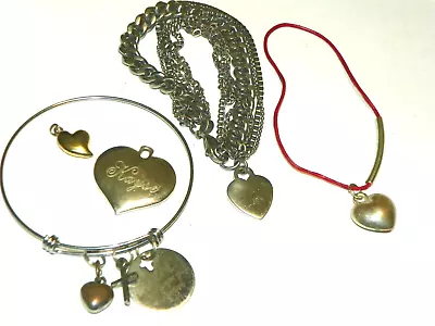 Mixed Lot Of 3 VTG Silver Tone Heart Theme Charm Bracelet & Pendants • $8.40