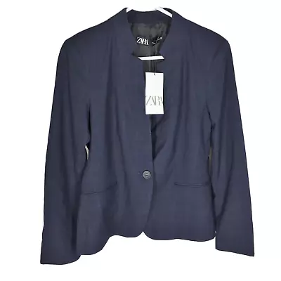 ZARA Woman Tailored Check Blazer Jacket Navy Blue Size 40 Style 9929/321 NEW NWT • $14.04