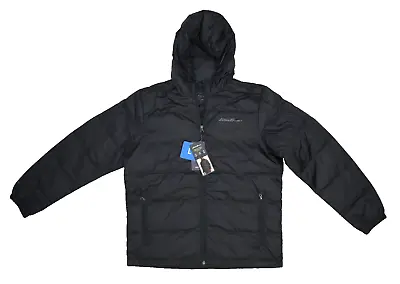 Eddie Bauer Wide Channel Hooded Down Jacket Full Zip Black Coat Mens Large • $47.99