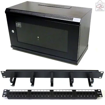 6U Black 300mm Data Cabinet + C5e Patch Panel Ring Tidy Bar Network Comms Rack • £100.34