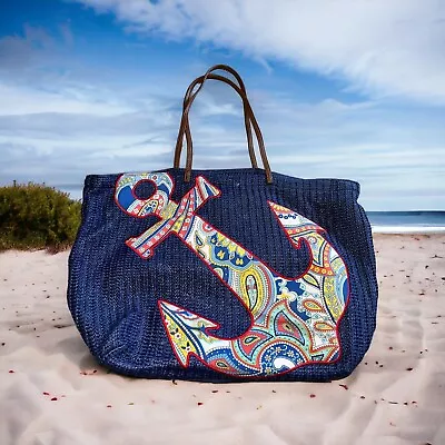 VERA BRADLEY Marina Paisley Large Straw Beach Anchor Shoulder Tote/Bag Leather • $19.99