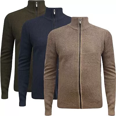 Mens Cotton Full Zip Cardigan Jumper Weaved Ribbed Knitted Sweater High Collar • £10.99