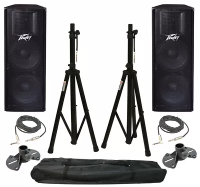 (2) Peavey Pv215 Pro Audio DJ Dual 15  1400W Speakers W/ Tripod Stands & Cables • $1114.89