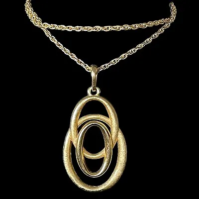 Vintage CROWN TRIFARI Oval Modernist Pendant Necklace Brushed Gold Tone 22” • $34.99
