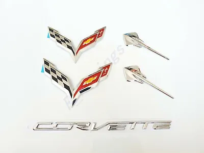 5PCS 2014-19 Corvette C7 Chrome Black Front & Rear & Stingray Cross Flags Emblem • $57.44