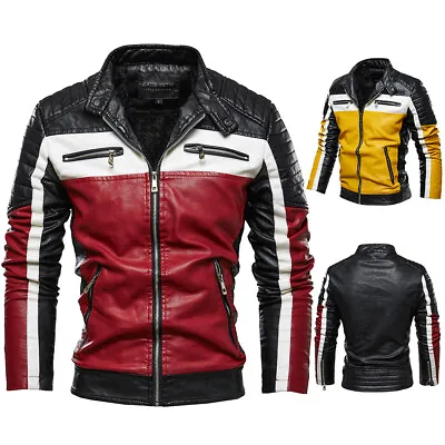 Mens Stand Collar Pu Leather Biker Jacket Fur Lining Warm Motorcycle Bomber Coat • $54.31