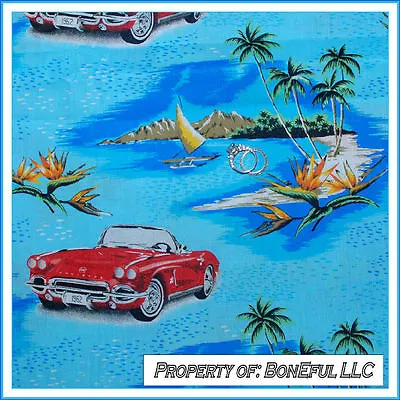 BonEful Fabric FQ Cotton Quilt Blue Scenic Beach Car VTG Antique Palm Tree Surf • $6.30