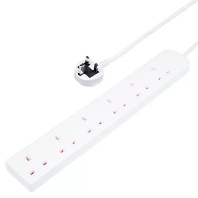 6 Way Mains Extension Gang Socket Power Lead 0.5M Metre Cable 13A Amps White • £7.49