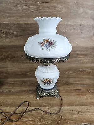 Fenton Puffy Rose Milk Glass Hurricane Lamp Hand Painted Floral LG Wright • $200