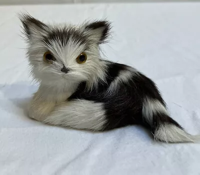 Vintage Realistic Cat Figurine Covered W/Real Rabbit Fur  Amber Eyes ~3.5”X2.5” • $15.90