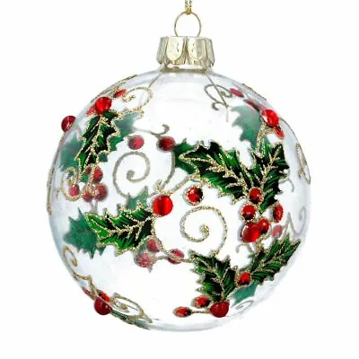 £5.49 • Buy Gisela Graham Christmas - Glass Bauble 8cm - Clear W Red/Green Holly