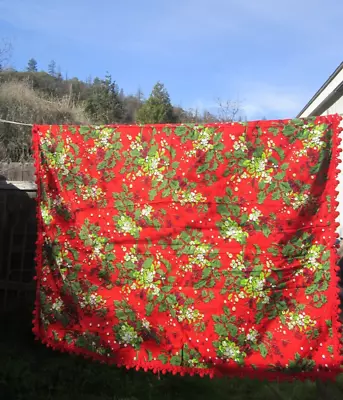 Vintage MCM 1960s Handmade Christmas Holiday Tablecloth Holly Pom Poms • $45