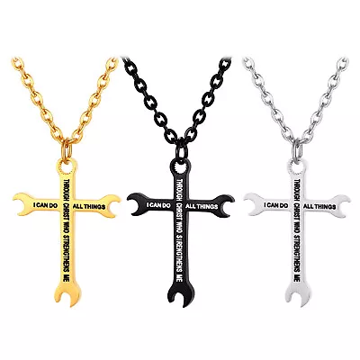 Wrench Cross Necklace For Men Titanium Steel Philippians 4:13 Inspirational • $30.99