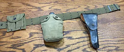 Vintage WWII US Ammo Belt W 1911 45 Holster Canteen M1 Carbine Clip Pouch W Clip • $149.99