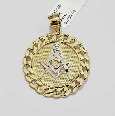 10k Yellow Gold Masonic Charm Pendant With Cuban Link Circular Style Real 10 Kt • £224.77