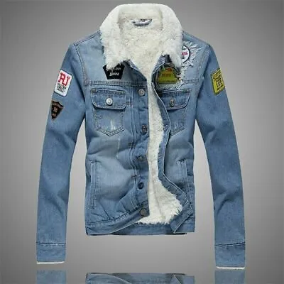 Denim Jacket Men Winter Casual Warm Fur Lined Jean Coat Male Slim Fit Cowboy • $75.72