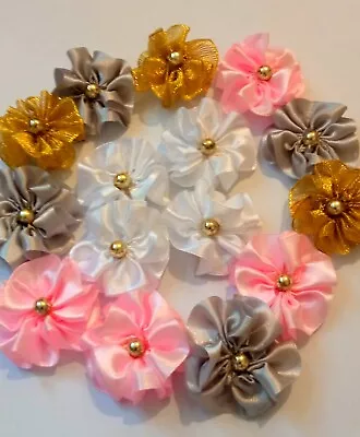 25 Rose Buds Satin Ribbon Flowers 50mm  Mix Colour Scrapbook Card Appliqué  • £3.99