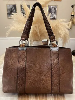 GUCCI Vintage Sima Bamboo Leather Hand Tote Bag Brown Authentic • $201