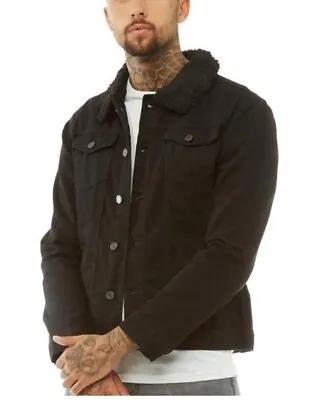Brave Soul Wilbur Borg Collar Denim Jacket Black MENS Size UK SMALL REF RP31 • £29.99
