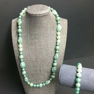 VTG Pop Bead Necklace Bracelet Green Chunky Round Organic Adjustable Retro • $40