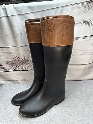 Women's Tory Burch Winnie Black Rain Riding Boots Boots Size 8 B Black Tan • $69.87