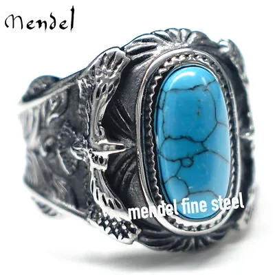 MENDEL Mens Large Biker Eagle Turquoise Stone Ring Men Stainless Steel Size 7-15 • $12.99