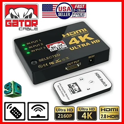 4K HDMI 2.0 Cable Splitter Switcher Box Hub IR Remote Control 3X1 Power 3 To 1 • $9.99