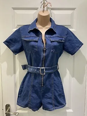 PRETTYLITTLETHING Womens Short Sleeve Blue Denim Zip Front Playsuit With Belt 8 • £15