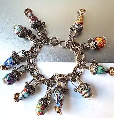 Vintage Estate Sterling Silver Murano Glass Charms Chain Bracelet 7 L • $17.16