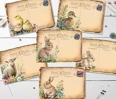 6  Easter Post Cards Bunnies Chicks & Spring Lamb Floral Vintage Tatty Style • £3.99