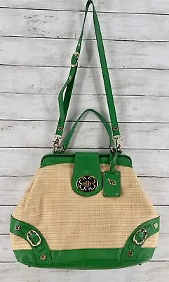 $40 • Buy Emma Fox Satchel Green Leather And Natural Woven Linen Blend Tan Crossbody Bag
