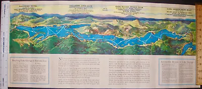 Vintage Pano MAP REACHING LAKE GEORGE BY RAIL BOAT AUTO NY Adirondacks Sagamore • $225