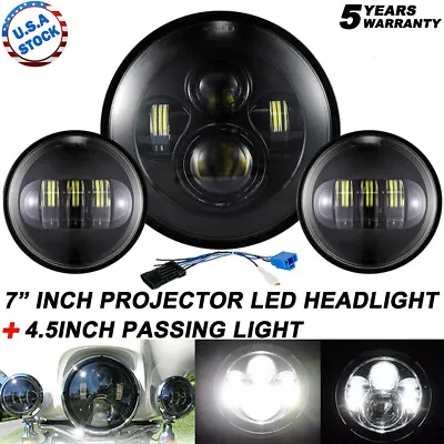 80W 7inch LED Projector Headlight + Passing Lights For Harley Touring Motorcycle • $58.98