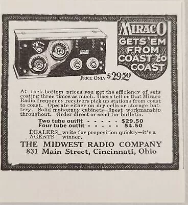 1924 Print Ad MIRACO Tube Radios Midwest Radio Company CincinnatiOhio • $7.99