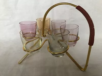 VTG Unique MCM Mid Century Gold Tone Condiment Server Caddy 6 Glass Containers • $27.95