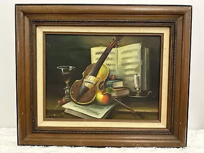 Vintage Oil On Canvas Still Life Violin Wine Music Artist Signed Mayers 23x19 • $149.99