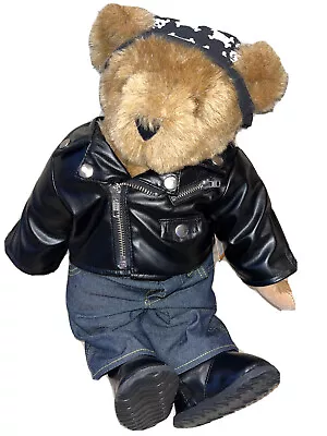 Vermont Teddy Bear Brown With Biker Outfit Leather Jacket Jeans Made In USA 16” • $37