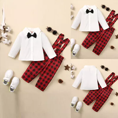 Baby Boy Christmas Outfit Solid Bow Shirt Check Bib Pants Overalls Gentleman • £11.09