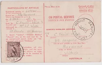 Australia - 1951 Advice Of Delivery Card 6d Kooka Commerce House-Mt Beauty • $22.50