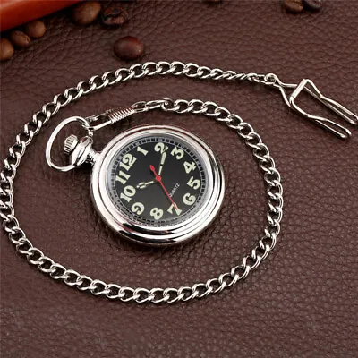 Silver Arabic Number Luminous Dial Open Face Case Quartz Pocket Watch With Chain • $13.29