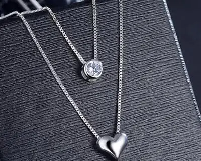 925 Silver Double Layer Heart Crystal Pendant Necklace Choker Jewellery • £7.99